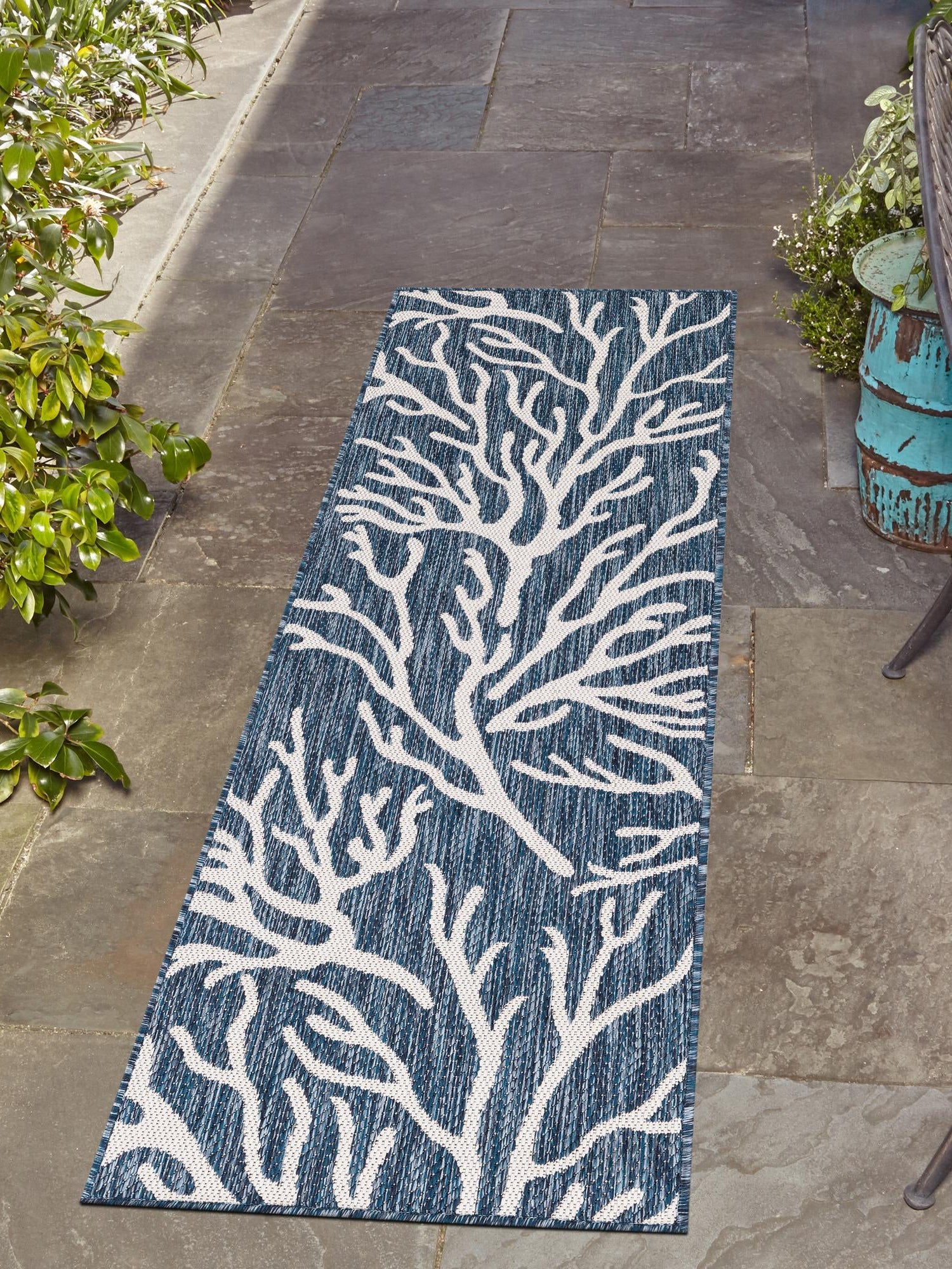 Blue 2' x 8' Outdoor Coastal Runner Area Rug Weather Resistant for Patio, Deck, Terrace, Balcony, Porch 100% Polypropylene Coastal Decor Carpet for Sale at Rug Engine