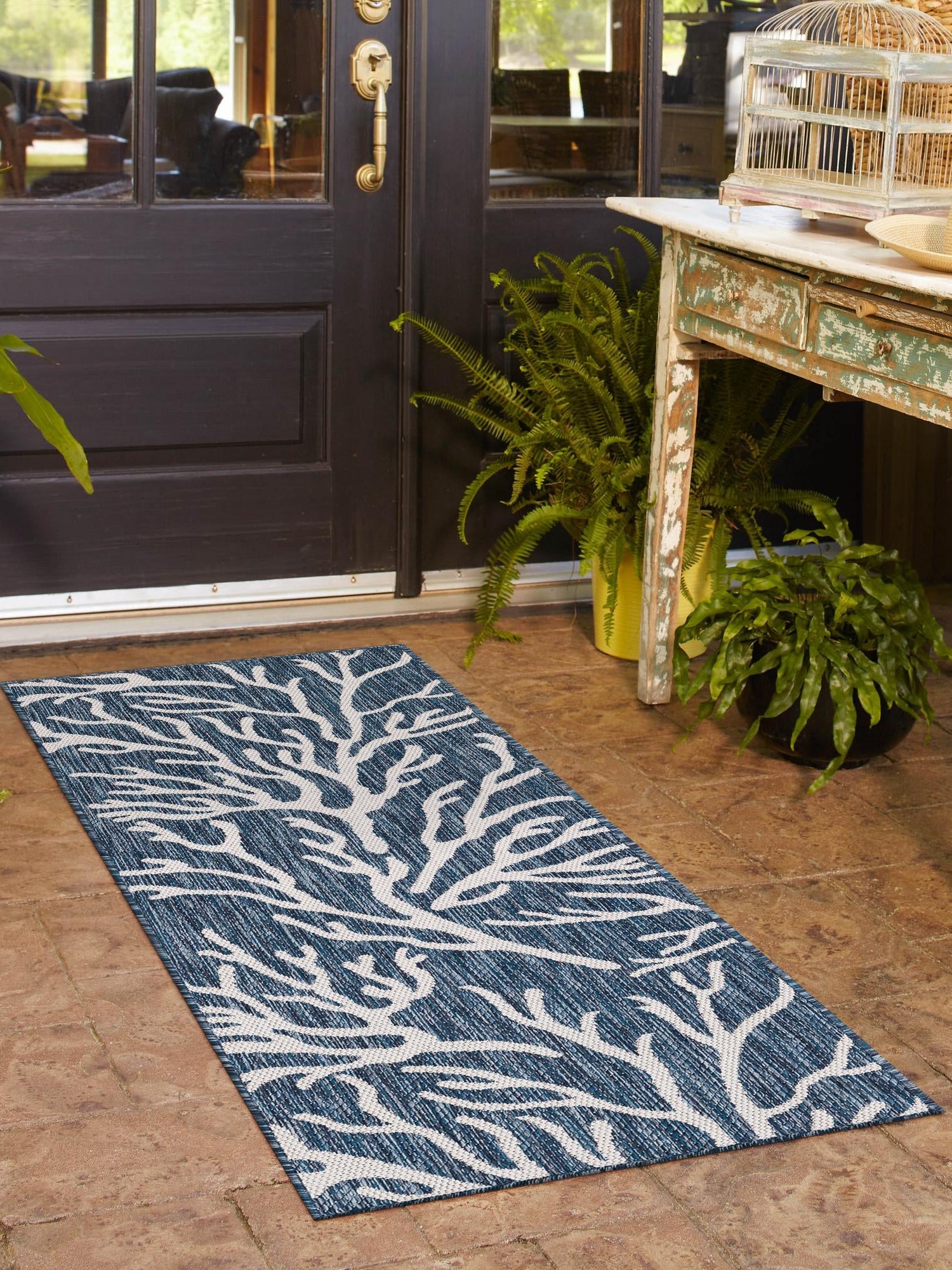 Blue 2' x 6' 1 Outdoor Coastal Runner Area Rug Weather Resistant for Patio, Deck, Terrace, Balcony, Porch 100% Polypropylene Coastal Decor Carpet for Sale at Rug Engine