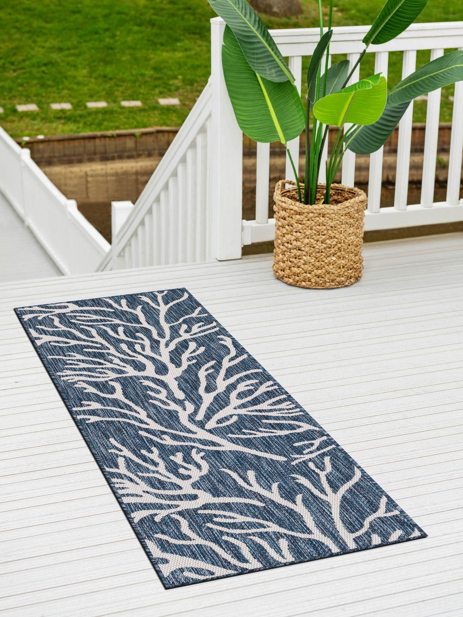 Blue 2' x 4' 1 Outdoor Coastal Runner Area Rug Weather Resistant for Patio, Deck, Terrace, Balcony, Porch 100% Polypropylene Coastal Decor Carpet for Sale at Rug Engine