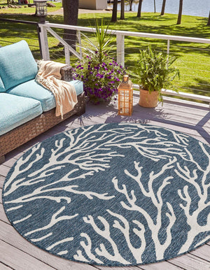 Blue 5' 3 x 5' 3 Outdoor Coastal Round Area Rug Weather Resistant for Patio, Deck, Terrace, Balcony, Porch 100% Polypropylene Coastal Decor Carpet for Sale at Rug Engine