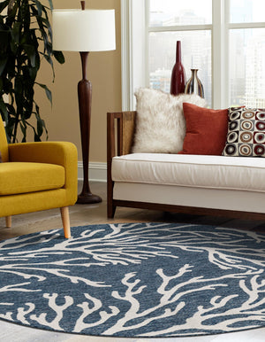 Blue 8' x 8' Outdoor Coastal Round Rug