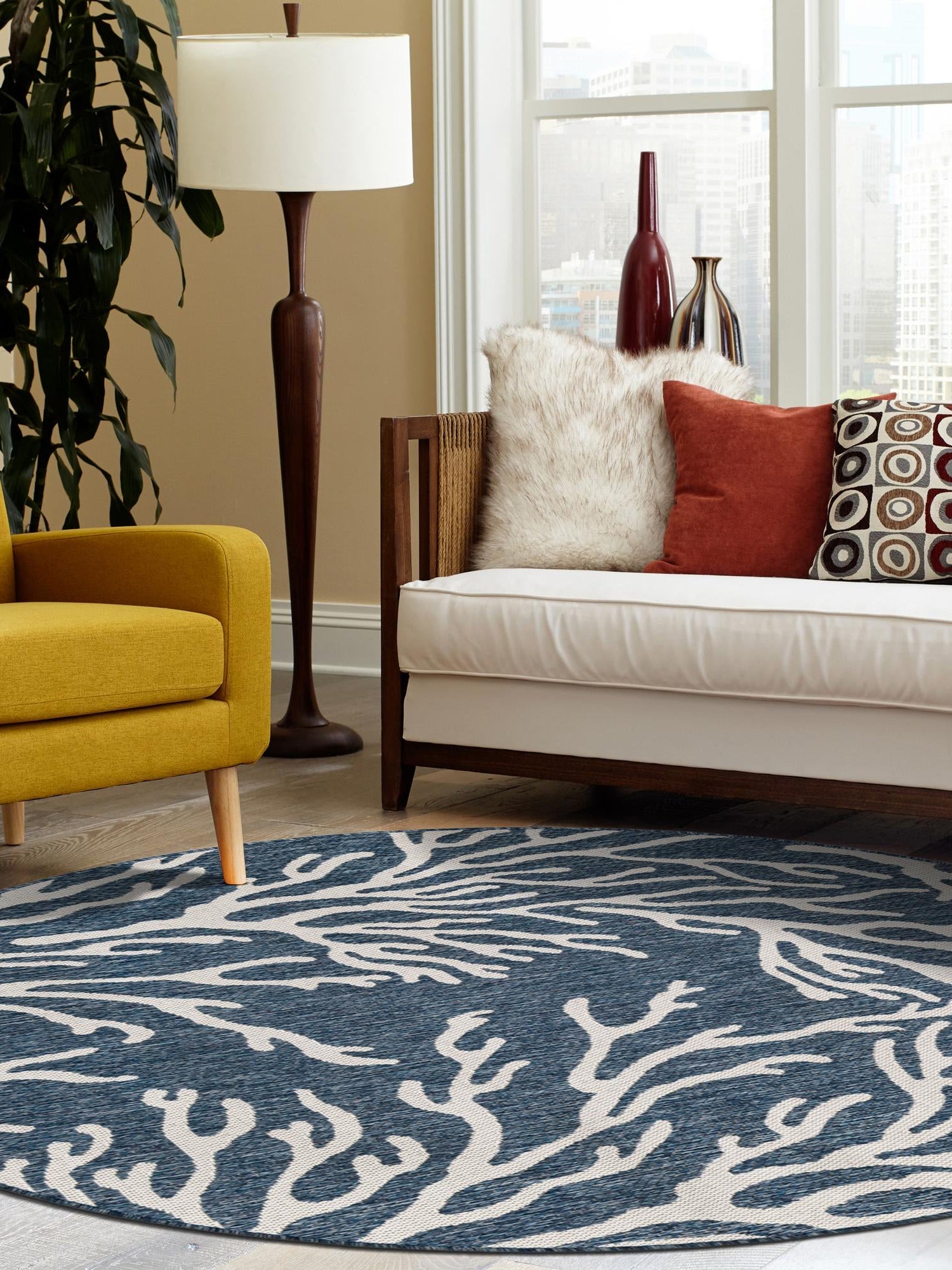 Blue 5' 3 x 5' 3 Outdoor Coastal Round Area Rug Weather Resistant for Patio, Deck, Terrace, Balcony, Porch 100% Polypropylene Coastal Decor Carpet for Sale at Rug Engine