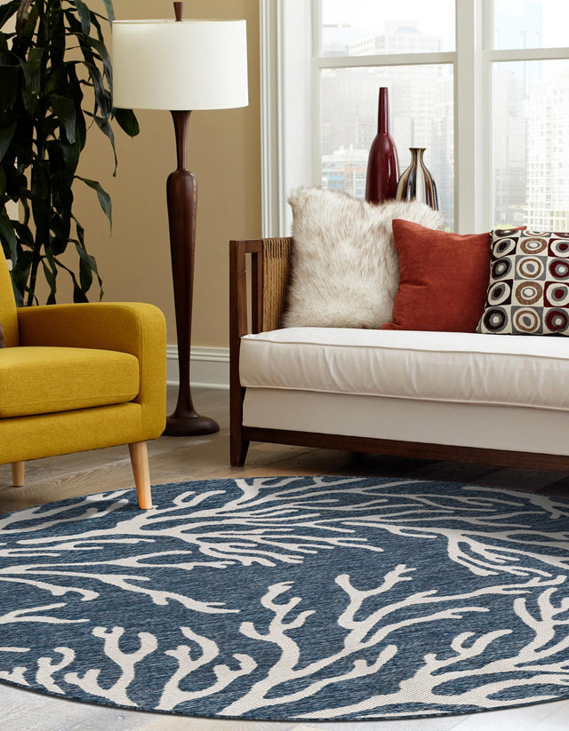 Blue 3' 1 x 3' 1 Outdoor Coastal Round Area Rug Weather Resistant for Patio, Deck, Terrace, Balcony, Porch 100% Polypropylene Coastal Decor Carpet for Sale at Rug Engine