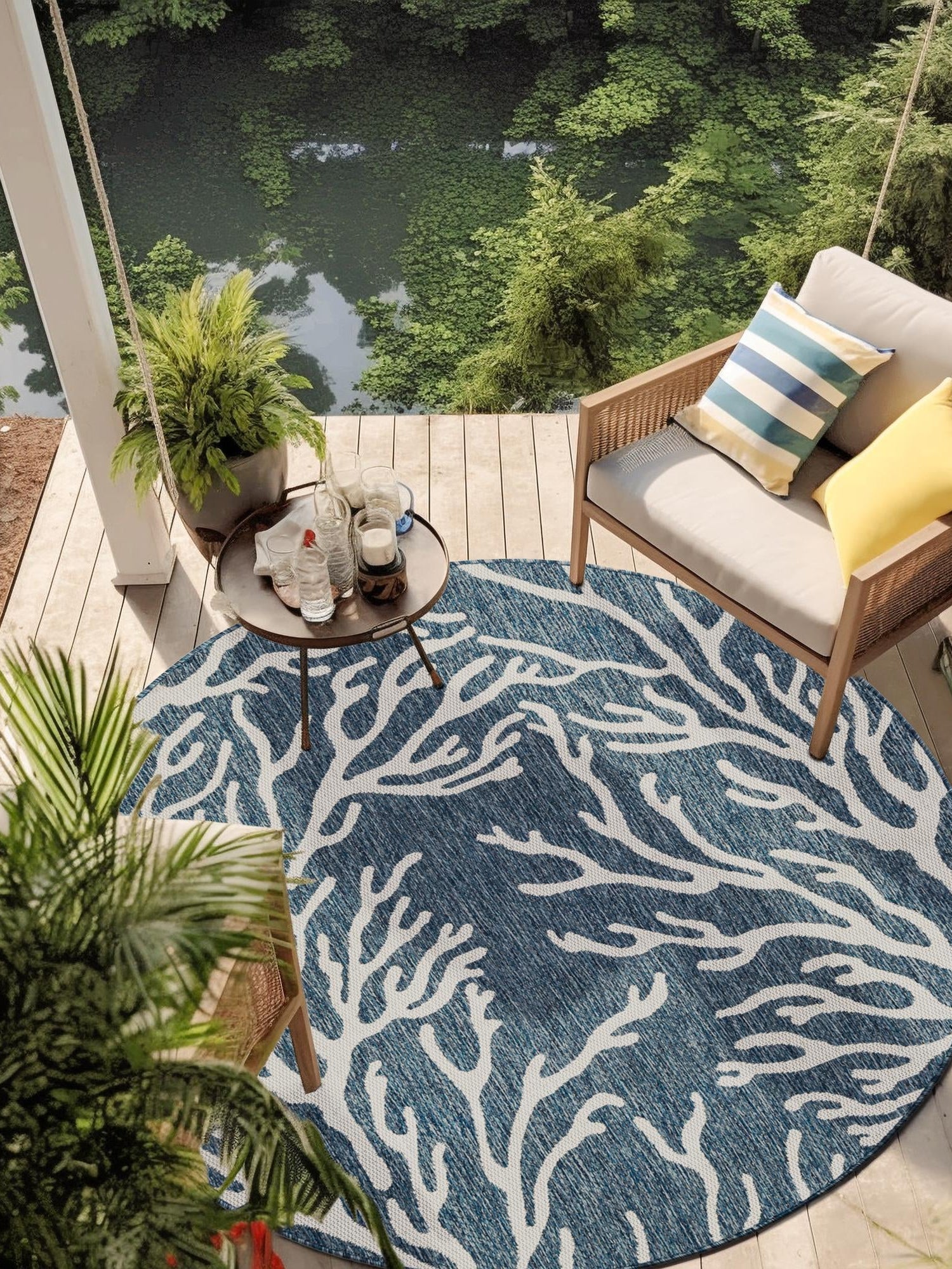 Blue 5' 3 x 5' 3 Outdoor Coastal Round Area Rug Weather Resistant for Patio, Deck, Terrace, Balcony, Porch 100% Polypropylene Coastal Decor Carpet for Sale at Rug Engine
