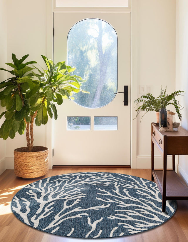 Blue 3' 1 x 3' 1 Outdoor Coastal Round Area Rug Weather Resistant for Patio, Deck, Terrace, Balcony, Porch 100% Polypropylene Coastal Decor Carpet for Sale at Rug Engine