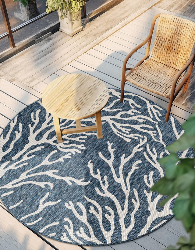 Blue 8' x 8' Outdoor Coastal Round Rug