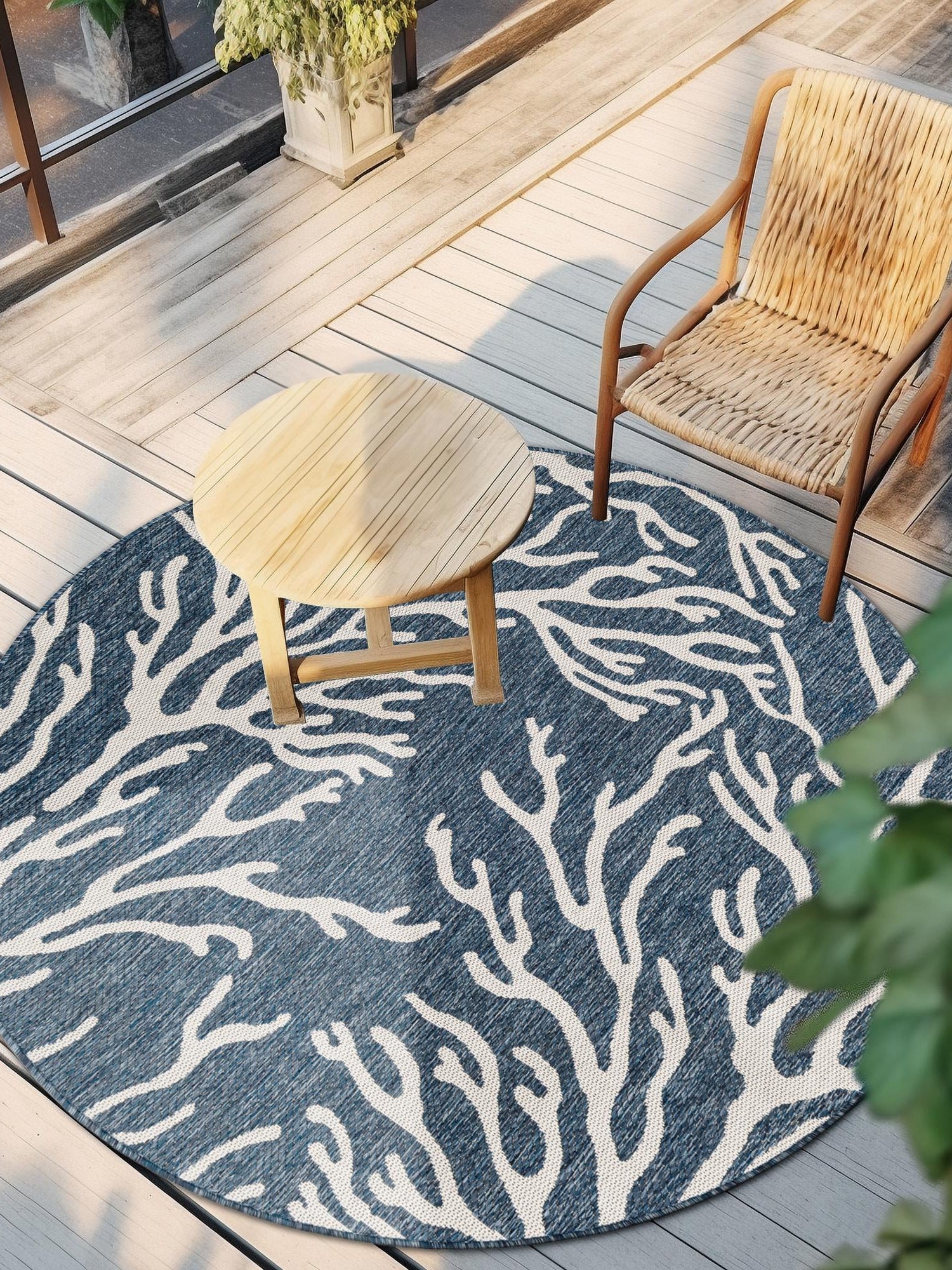 Blue 3' 1 x 3' 1 Outdoor Coastal Round Area Rug Weather Resistant for Patio, Deck, Terrace, Balcony, Porch 100% Polypropylene Coastal Decor Carpet for Sale at Rug Engine