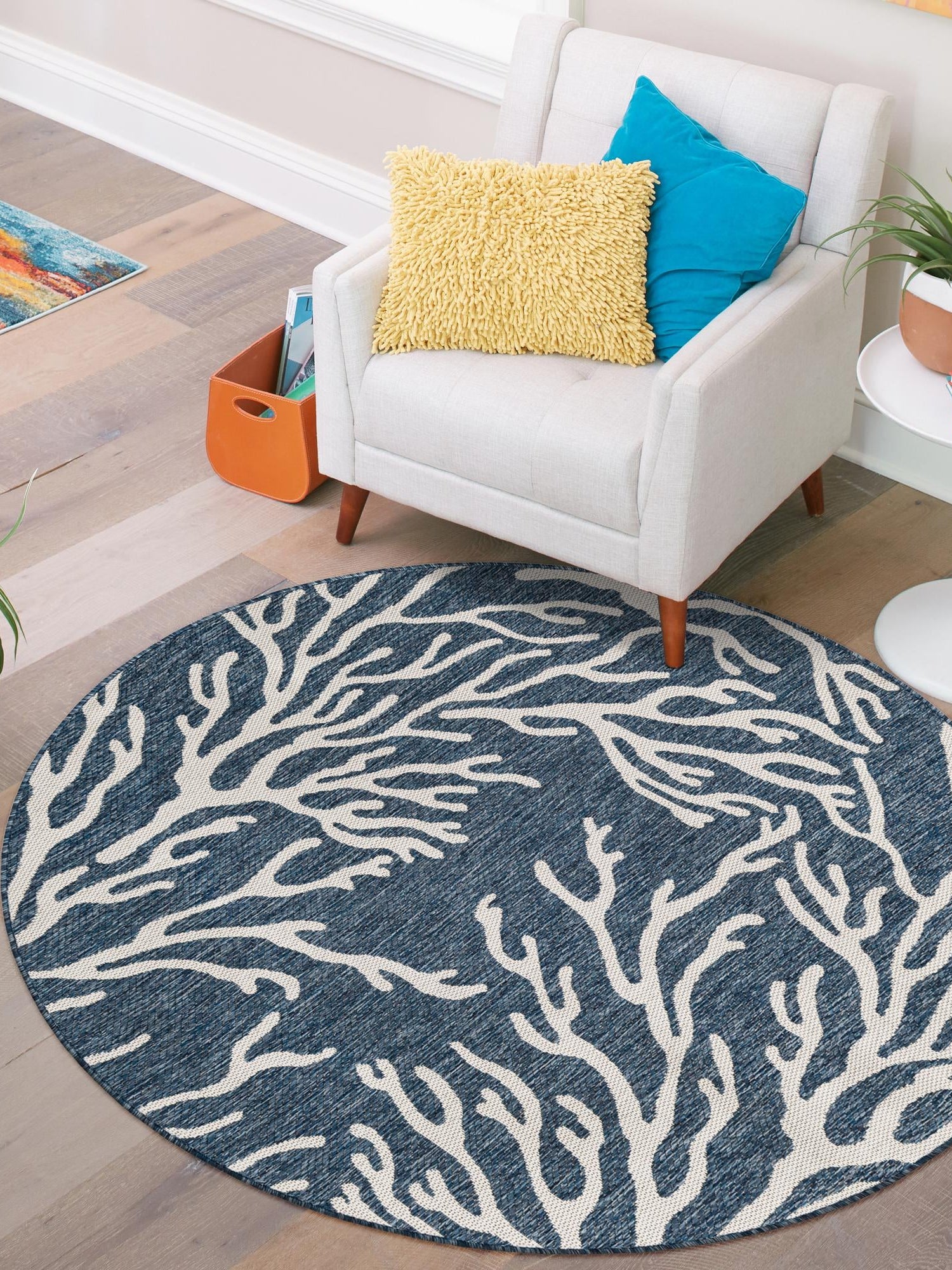 Blue 10' x 10' Outdoor Coastal Round Area Rug Weather Resistant for Patio, Deck, Terrace, Balcony, Porch 100% Polypropylene Coastal Decor Carpet for Sale at Rug Engine