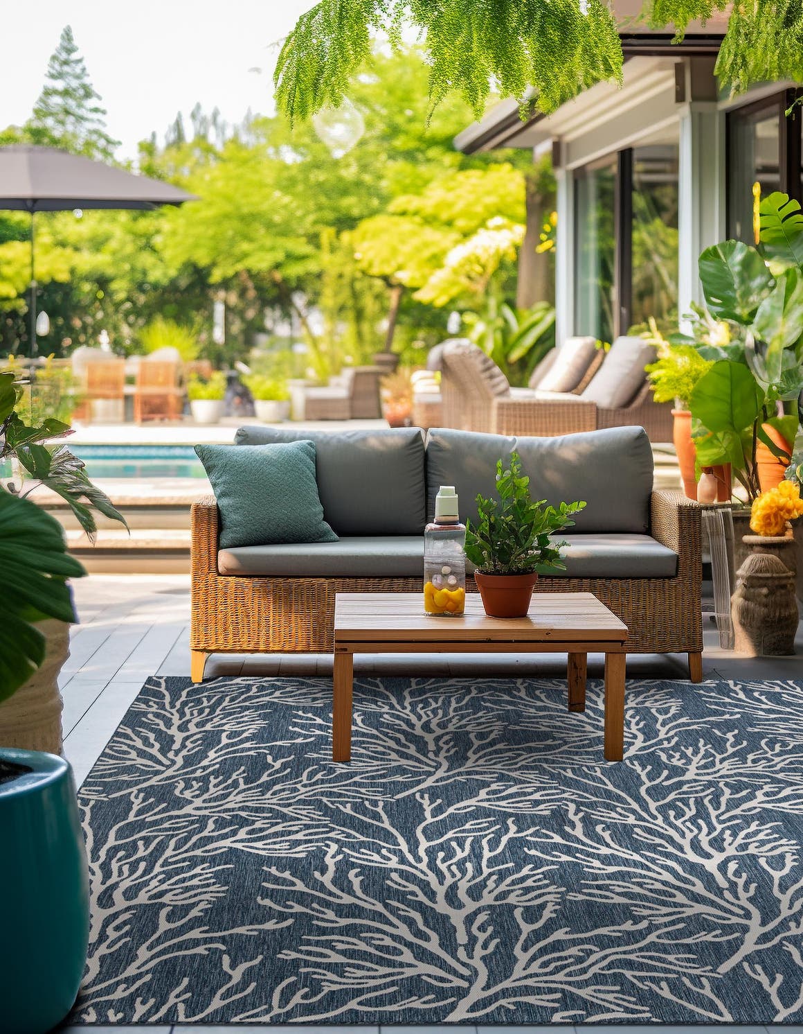 Blue 7' 10 x 7' 10 Outdoor Coastal Square Area Rug Weather Resistant for Patio, Deck, Terrace, Balcony, Porch 100% Polypropylene Coastal Decor Carpet for Sale at Rug Engine