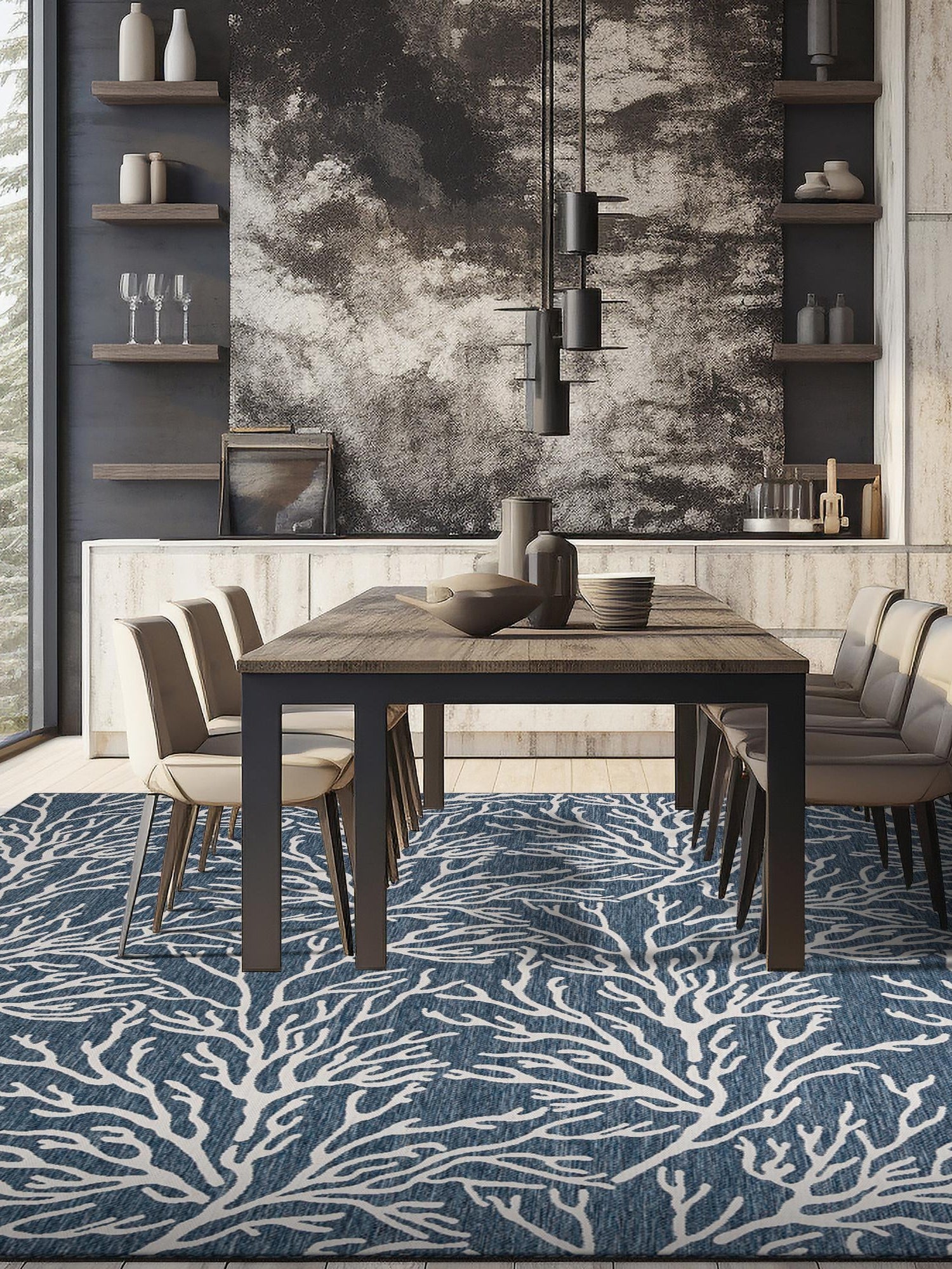 Blue 10' x 10' Outdoor Coastal Square Area Rug Weather Resistant for Patio, Deck, Terrace, Balcony, Porch 100% Polypropylene Coastal Decor Carpet for Sale at Rug Engine