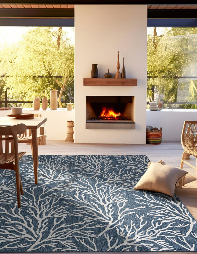 Blue 10' x 10' Outdoor Coastal Square Area Rug Weather Resistant for Patio, Deck, Terrace, Balcony, Porch 100% Polypropylene Coastal Decor Carpet for Sale at Rug Engine