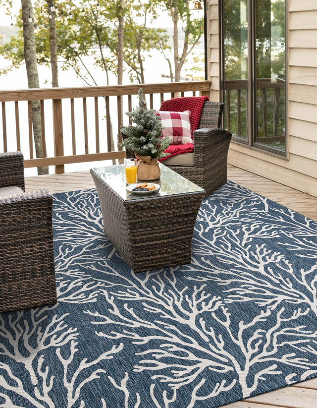Blue 10' x 10' Outdoor Coastal Square Area Rug Weather Resistant for Patio, Deck, Terrace, Balcony, Porch 100% Polypropylene Coastal Decor Carpet for Sale at Rug Engine