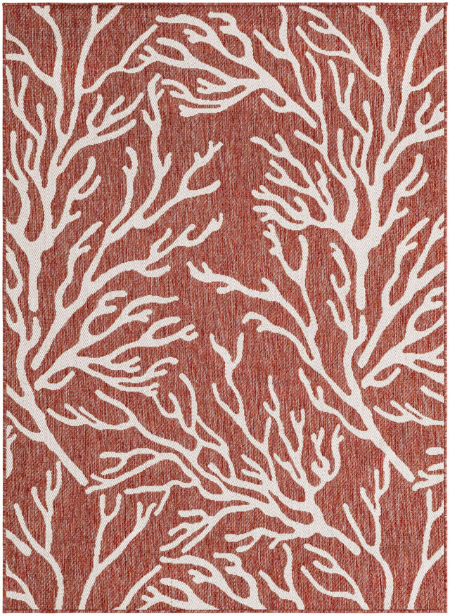 Rust Red 5' 3 x 7' 1 Outdoor Coastal Rectangle Area Rug Weather Resistant for Patio, Deck, Terrace, Balcony, Porch 100% Polypropylene Coastal Decor Carpet for Sale at Rug Engine