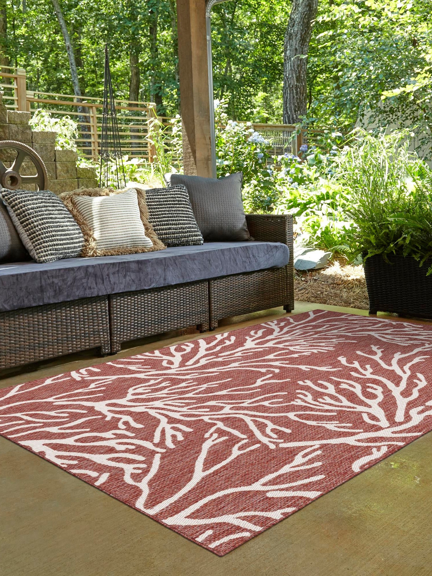 Rust Red 7' 10 x 10' Outdoor Coastal Rectangle Area Rug Weather Resistant for Patio, Deck, Terrace, Balcony, Porch 100% Polypropylene Coastal Decor Carpet for Sale at Rug Engine