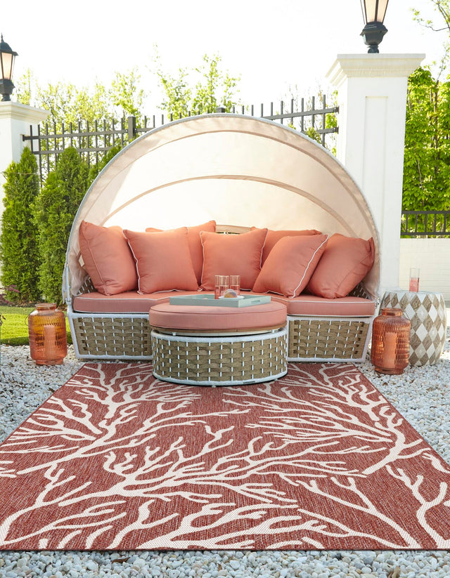 Rust Red 7' 10 x 10' Outdoor Coastal Rectangle Area Rug Weather Resistant for Patio, Deck, Terrace, Balcony, Porch 100% Polypropylene Coastal Decor Carpet for Sale at Rug Engine