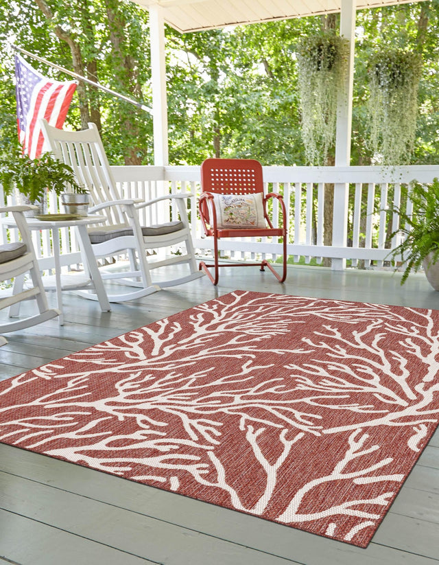 Rust Red 7' 10 x 10' Outdoor Coastal Rectangle Area Rug Weather Resistant for Patio, Deck, Terrace, Balcony, Porch 100% Polypropylene Coastal Decor Carpet for Sale at Rug Engine