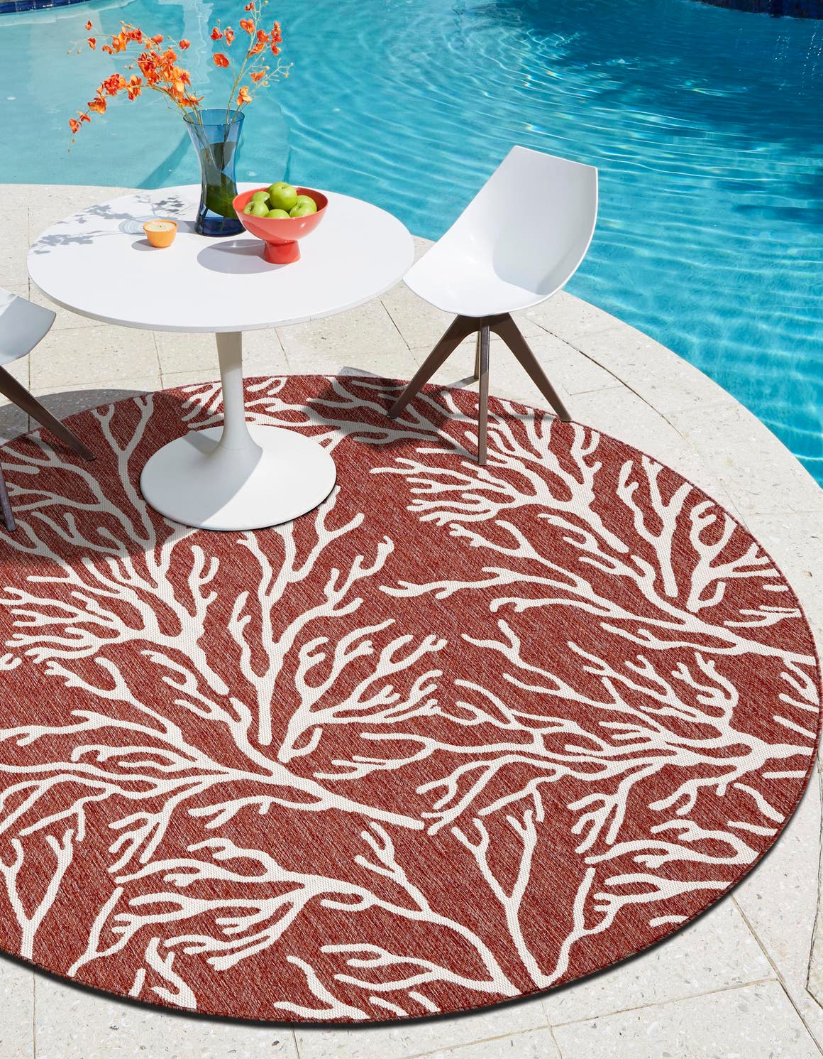 Rust Red 5' 3 x 5' 3 Outdoor Coastal Round Area Rug Weather Resistant for Patio, Deck, Terrace, Balcony, Porch