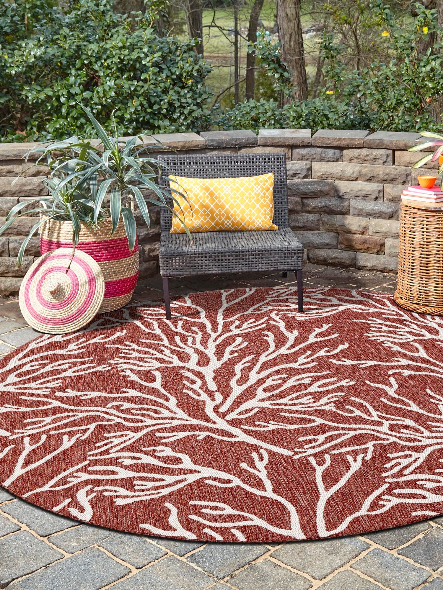 Rust Red 5' 3 x 5' 3 Outdoor Coastal Round Area Rug Weather Resistant for Patio, Deck, Terrace, Balcony, Porch