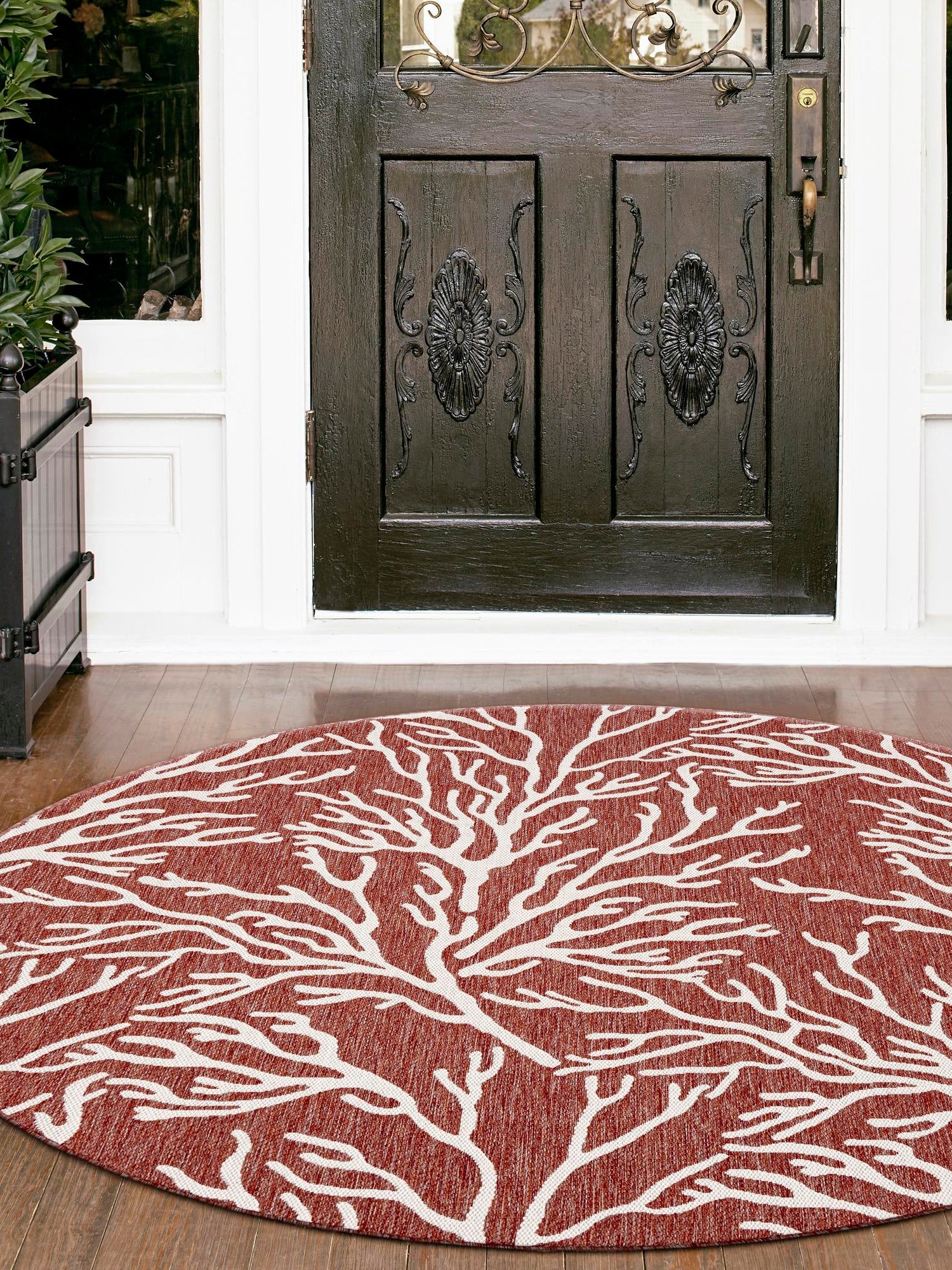 Rust Red 7' 10 x 7' 10 Outdoor Coastal Round Area Rug Weather Resistant for Patio, Deck, Terrace, Balcony, Porch 100% Polypropylene Coastal Decor Carpet for Sale at Rug Engine