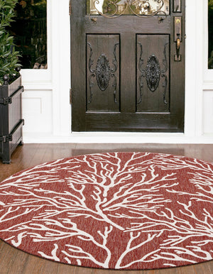Rust Red 7' 10 x 7' 10 Outdoor Coastal Round Area Rug Weather Resistant for Patio, Deck, Terrace, Balcony, Porch 100% Polypropylene Coastal Decor Carpet for Sale at Rug Engine