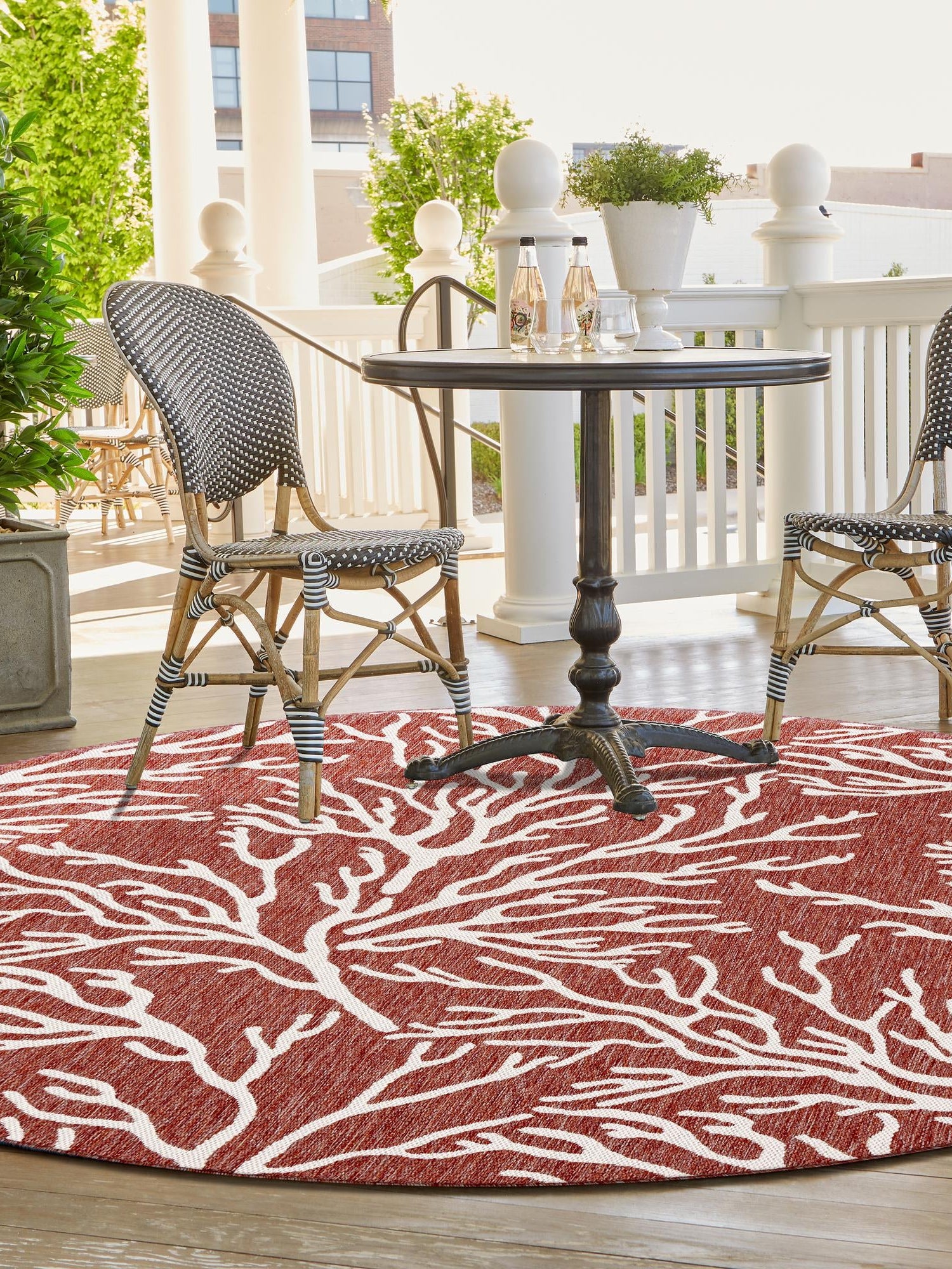 Rust Red 5' 3 x 5' 3 Outdoor Coastal Round Area Rug Weather Resistant for Patio, Deck, Terrace, Balcony, Porch