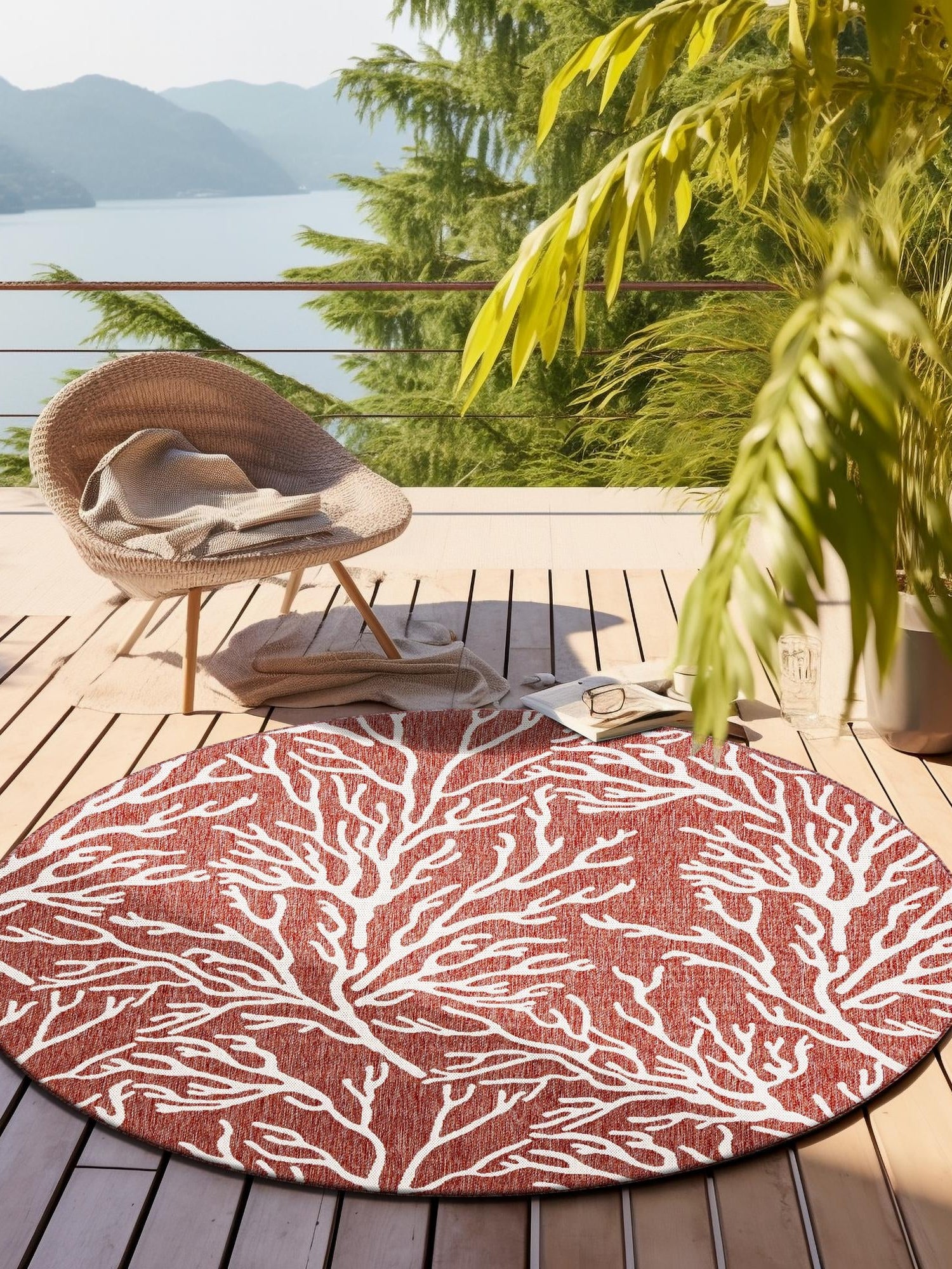 Rust Red 5' 3 x 5' 3 Outdoor Coastal Round Area Rug Weather Resistant for Patio, Deck, Terrace, Balcony, Porch
