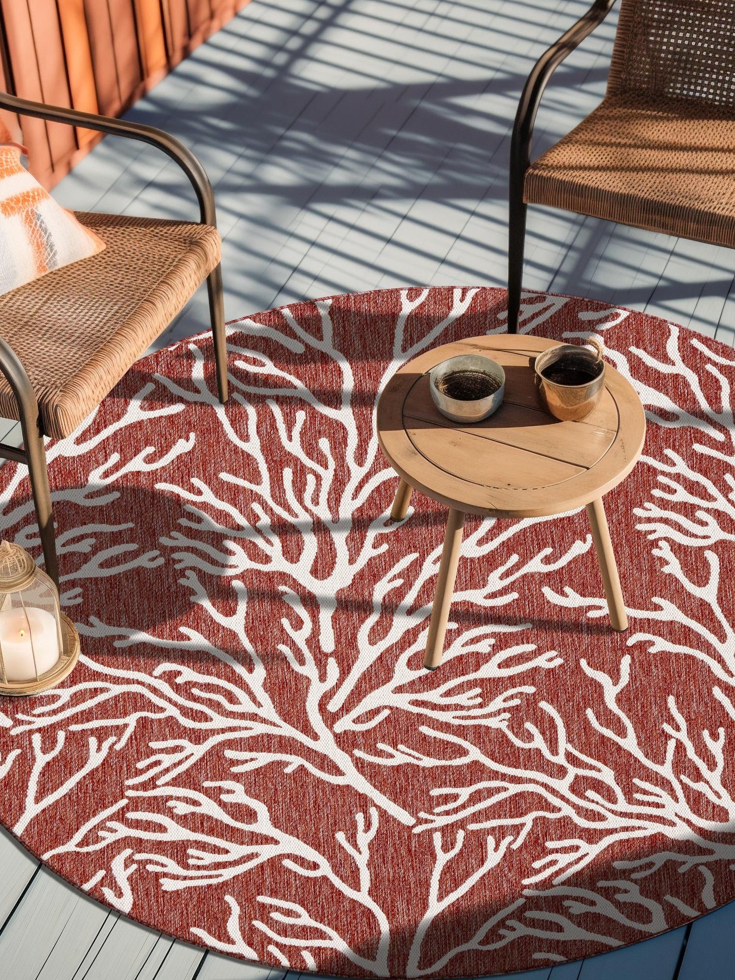 Rust Red 7' 10 x 7' 10 Outdoor Coastal Round Area Rug Weather Resistant for Patio, Deck, Terrace, Balcony, Porch 100% Polypropylene Coastal Decor Carpet for Sale at Rug Engine