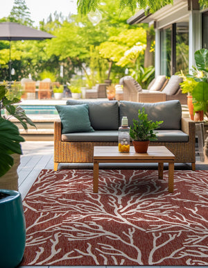 Rust Red 7' 10 x 7' 10 Outdoor Coastal Square Area Rug Weather Resistant for Patio, Deck, Terrace, Balcony, Porch 100% Polypropylene Coastal Decor Carpet for Sale at Rug Engine
