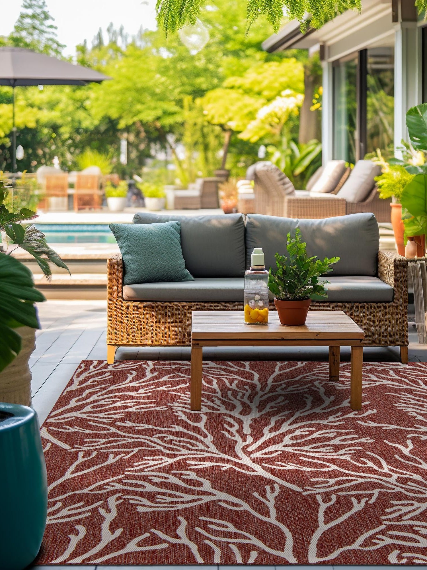 Rust Red 12' x 12' Outdoor Coastal Square Area Rug Weather Resistant for Patio, Deck, Terrace, Balcony, Porch 100% Polypropylene Coastal Decor Carpet for Sale at Rug Engine
