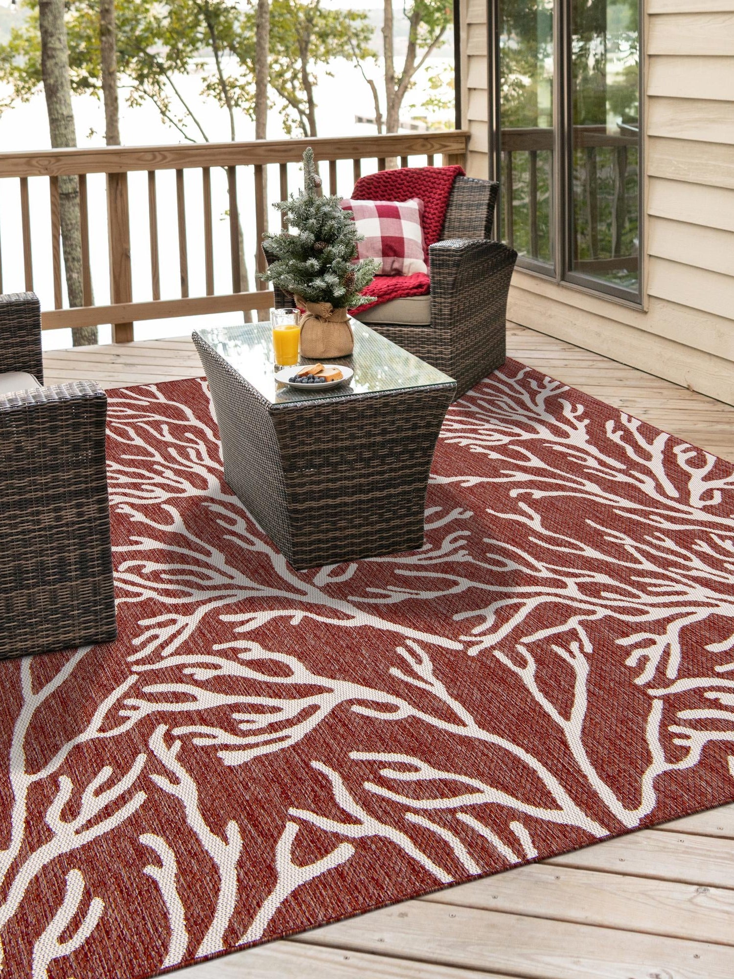 Rust Red 7' 10 x 7' 10 Outdoor Coastal Square Area Rug Weather Resistant for Patio, Deck, Terrace, Balcony, Porch 100% Polypropylene Coastal Decor Carpet for Sale at Rug Engine