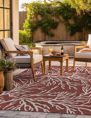 Rust Red 7' 10 x 7' 10 Outdoor Coastal Square Area Rug Weather Resistant for Patio, Deck, Terrace, Balcony, Porch 100% Polypropylene Coastal Decor Carpet for Sale at Rug Engine
