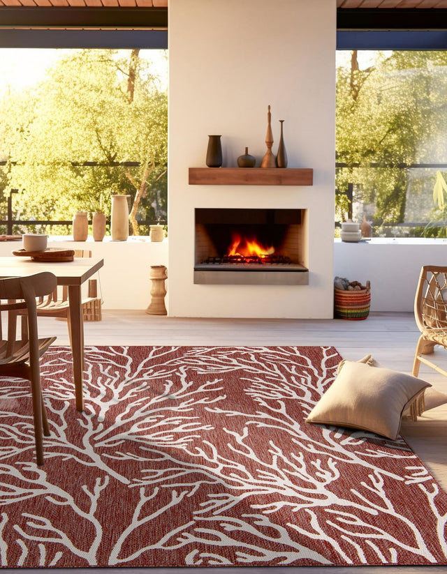 Rust Red 7' 10 x 7' 10 Outdoor Coastal Square Area Rug Weather Resistant for Patio, Deck, Terrace, Balcony, Porch 100% Polypropylene Coastal Decor Carpet for Sale at Rug Engine