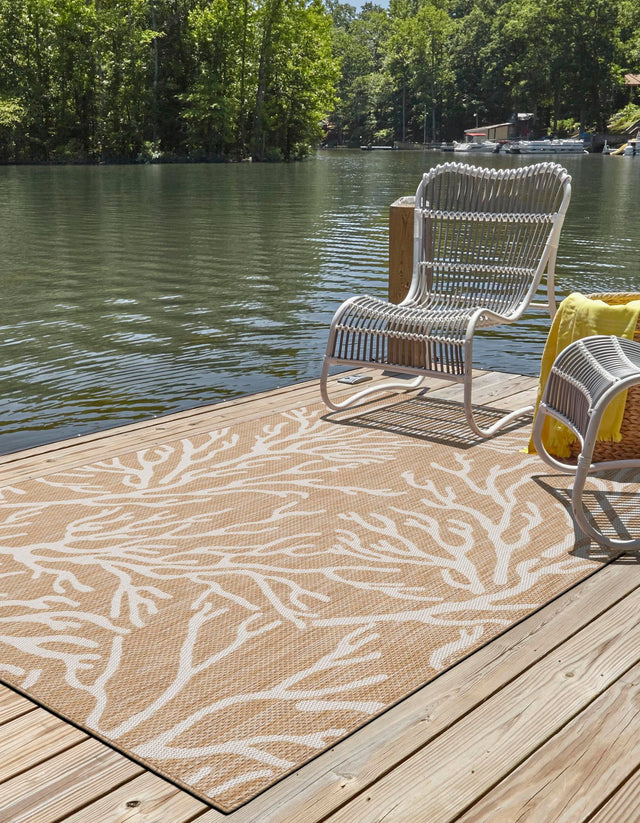Taupe 7' 10 x 10' Outdoor Coastal Rectangle Area Rug Weather Resistant for Patio, Deck, Terrace, Balcony, Porch 100% Polypropylene Coastal Decor Carpet for Sale at Rug Engine
