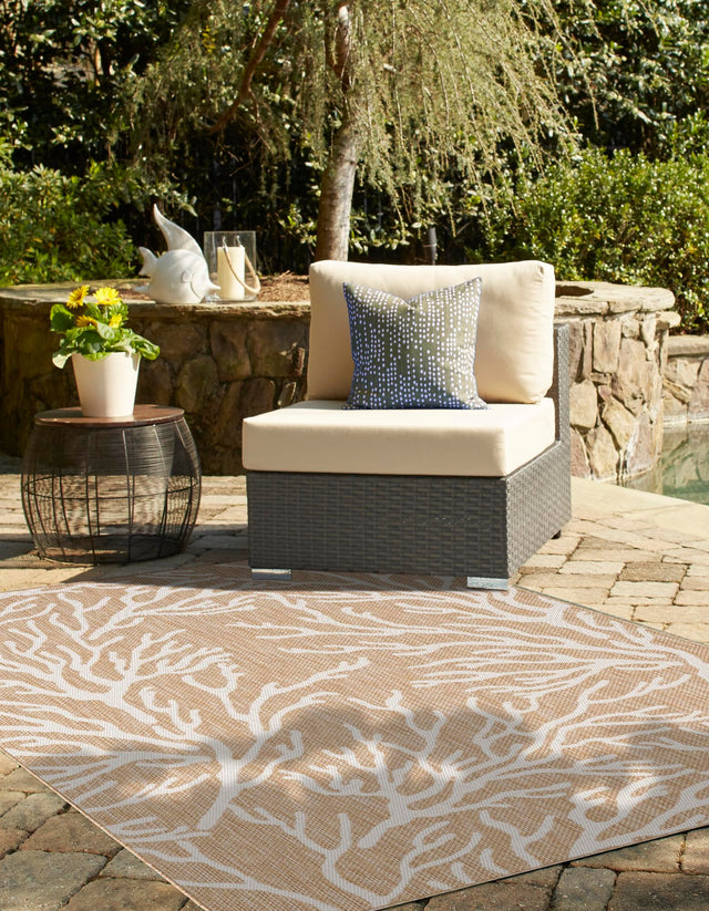 Taupe 7' 10 x 10' Outdoor Coastal Rectangle Area Rug Weather Resistant for Patio, Deck, Terrace, Balcony, Porch 100% Polypropylene Coastal Decor Carpet for Sale at Rug Engine