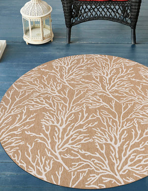Taupe 12' x 12' Outdoor Coastal Round Area Rug Weather Resistant for Patio, Deck, Terrace, Balcony, Porch 100% Polypropylene Coastal Decor Carpet for Sale at Rug Engine