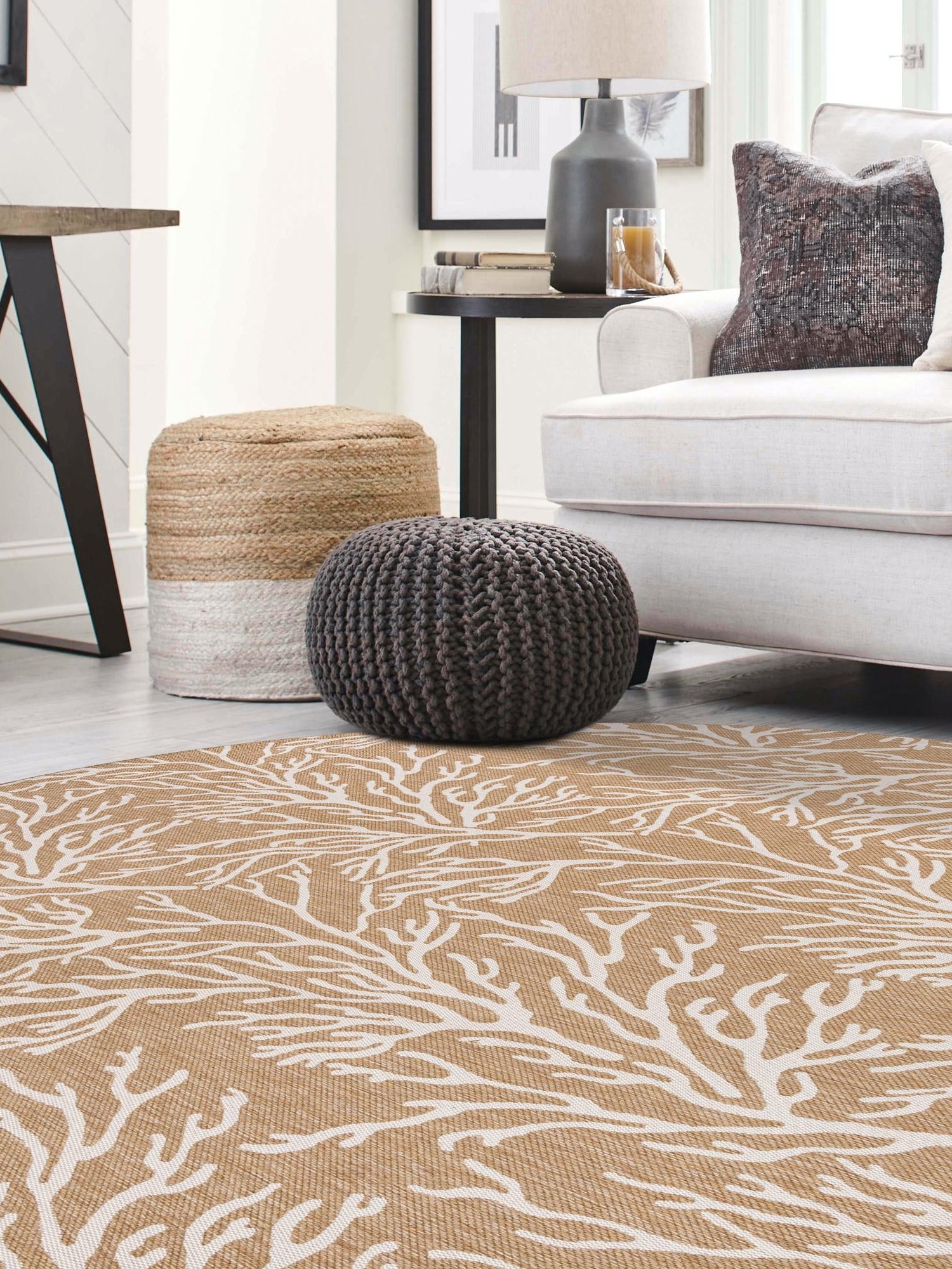 Taupe 10' x 10' Outdoor Coastal Round Area Rug Weather Resistant for Patio, Deck, Terrace, Balcony, Porch 100% Polypropylene Coastal Decor Carpet for Sale at Rug Engine