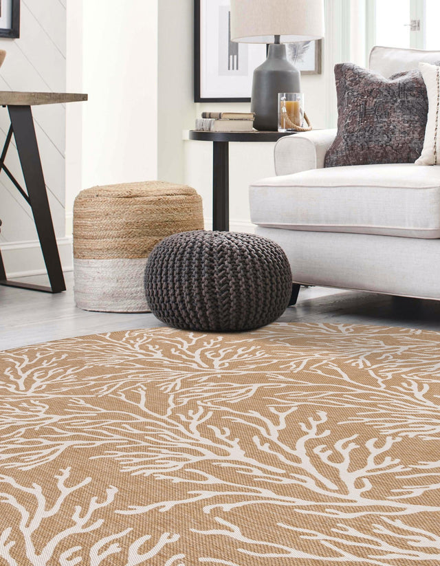 Taupe 12' x 12' Outdoor Coastal Round Area Rug Weather Resistant for Patio, Deck, Terrace, Balcony, Porch 100% Polypropylene Coastal Decor Carpet for Sale at Rug Engine