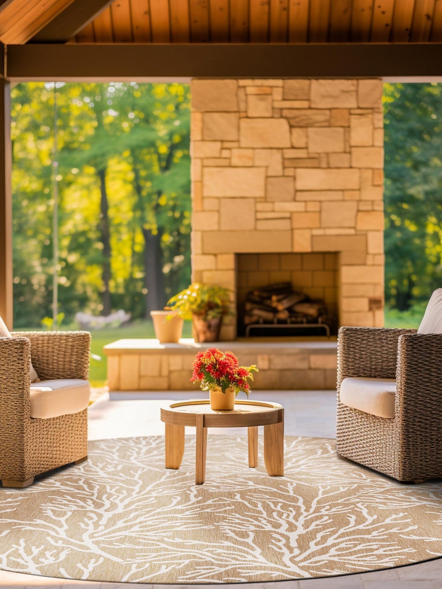 Taupe 10' x 10' Outdoor Coastal Round Area Rug Weather Resistant for Patio, Deck, Terrace, Balcony, Porch 100% Polypropylene Coastal Decor Carpet for Sale at Rug Engine