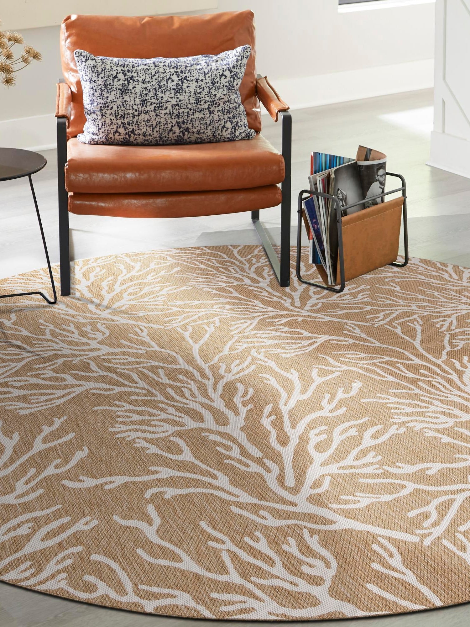 Taupe 7' 10 x 7' 10 Outdoor Coastal Round Area Rug Weather Resistant for Patio, Deck, Terrace, Balcony, Porch 100% Polypropylene Coastal Decor Carpet for Sale at Rug Engine