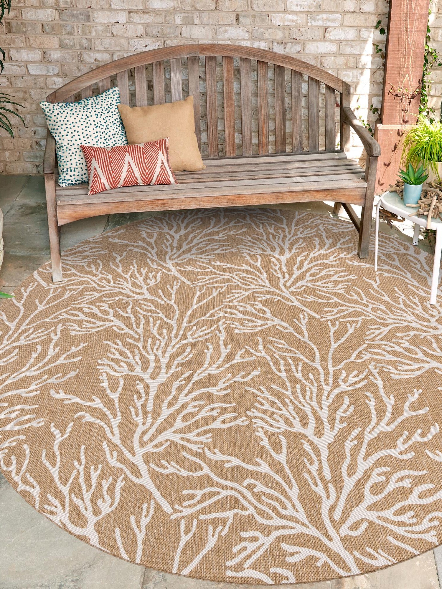 Taupe 10' x 10' Outdoor Coastal Round Area Rug Weather Resistant for Patio, Deck, Terrace, Balcony, Porch 100% Polypropylene Coastal Decor Carpet for Sale at Rug Engine