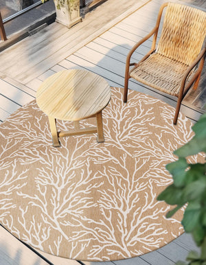Taupe 7' 10 x 7' 10 Outdoor Coastal Round Area Rug Weather Resistant for Patio, Deck, Terrace, Balcony, Porch 100% Polypropylene Coastal Decor Carpet for Sale at Rug Engine