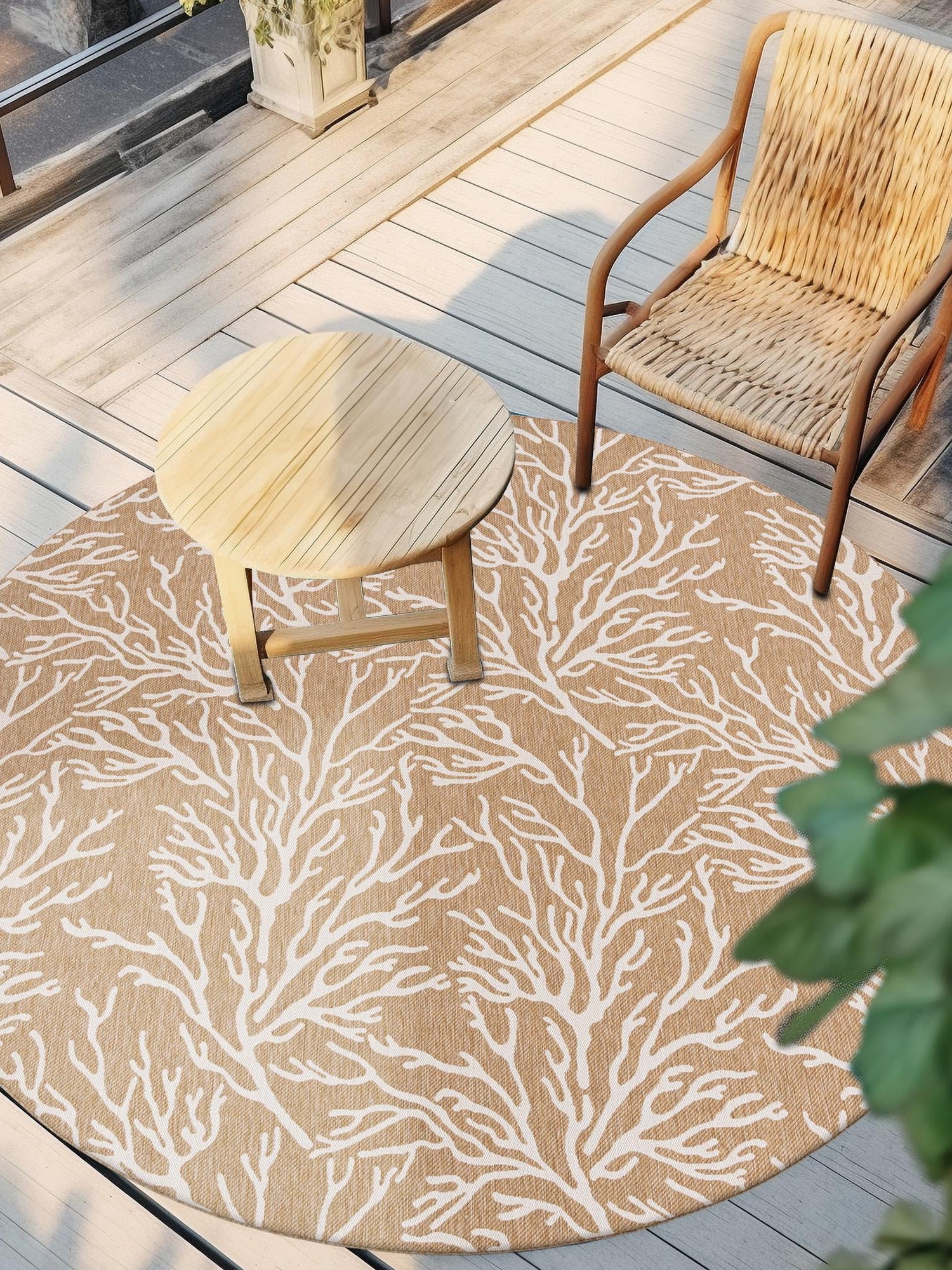 Taupe 12' x 12' Outdoor Coastal Round Area Rug Weather Resistant for Patio, Deck, Terrace, Balcony, Porch 100% Polypropylene Coastal Decor Carpet for Sale at Rug Engine