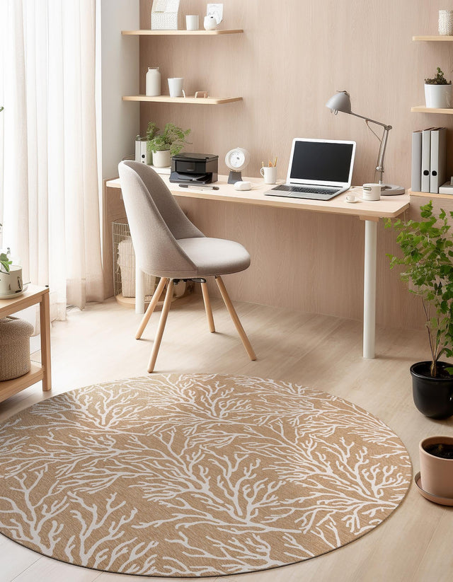Taupe 3' 1 x 3' 1 Outdoor Coastal Round Area Rug Weather Resistant for Patio, Deck, Terrace, Balcony, Porch 100% Polypropylene Coastal Decor Carpet for Sale at Rug Engine