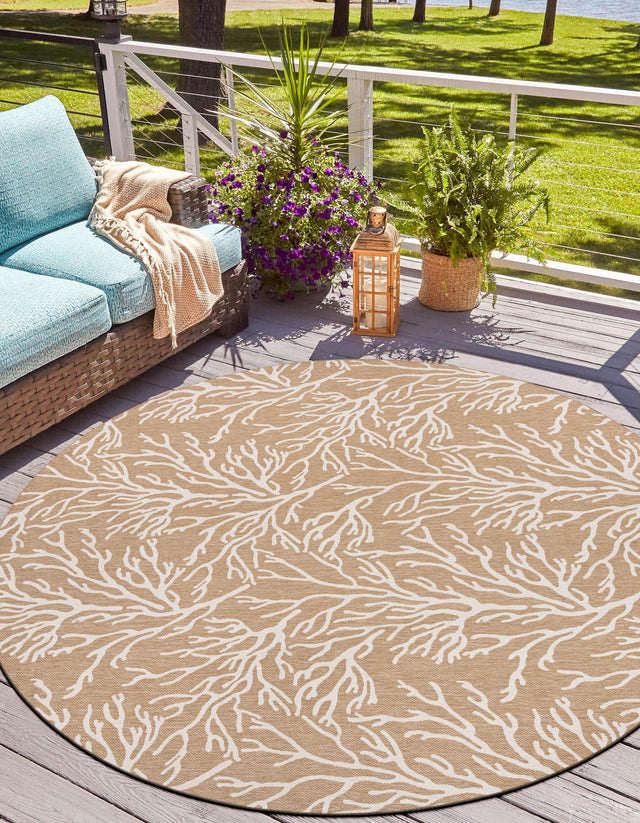 Taupe 3' 1 x 3' 1 Outdoor Coastal Round Area Rug Weather Resistant for Patio, Deck, Terrace, Balcony, Porch 100% Polypropylene Coastal Decor Carpet for Sale at Rug Engine
