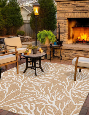 Taupe 12' x 12' Outdoor Coastal Square Area Rug Weather Resistant for Patio, Deck, Terrace, Balcony, Porch 100% Polypropylene Coastal Decor Carpet for Sale at Rug Engine