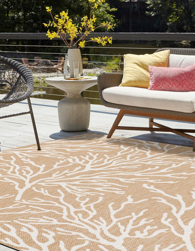 Taupe 7' 10 x 7' 10 Outdoor Coastal Square Area Rug Weather Resistant for Patio, Deck, Terrace, Balcony, Porch 100% Polypropylene Coastal Decor Carpet for Sale at Rug Engine