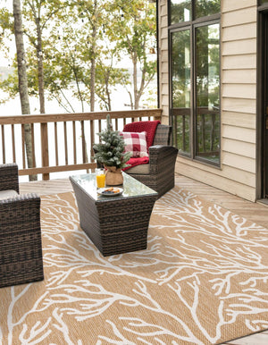 Taupe 7' 10 x 7' 10 Outdoor Coastal Square Area Rug Weather Resistant for Patio, Deck, Terrace, Balcony, Porch 100% Polypropylene Coastal Decor Carpet for Sale at Rug Engine