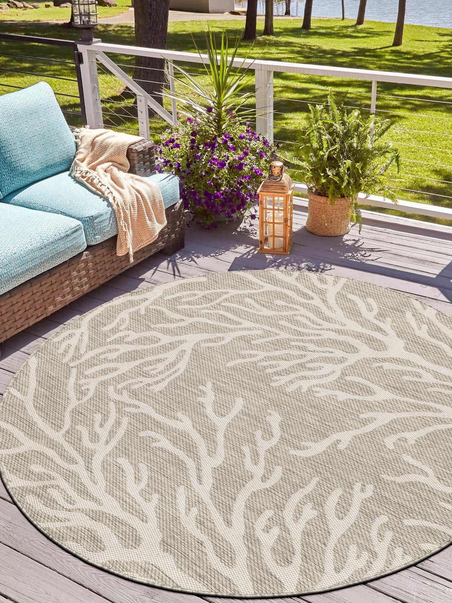 Gray 7' 10 x 7' 10 Outdoor Coastal Round Area Rug Weather Resistant for Patio, Deck, Terrace, Balcony, Porch 100% Polypropylene Coastal Decor Carpet for Sale at Rug Engine
