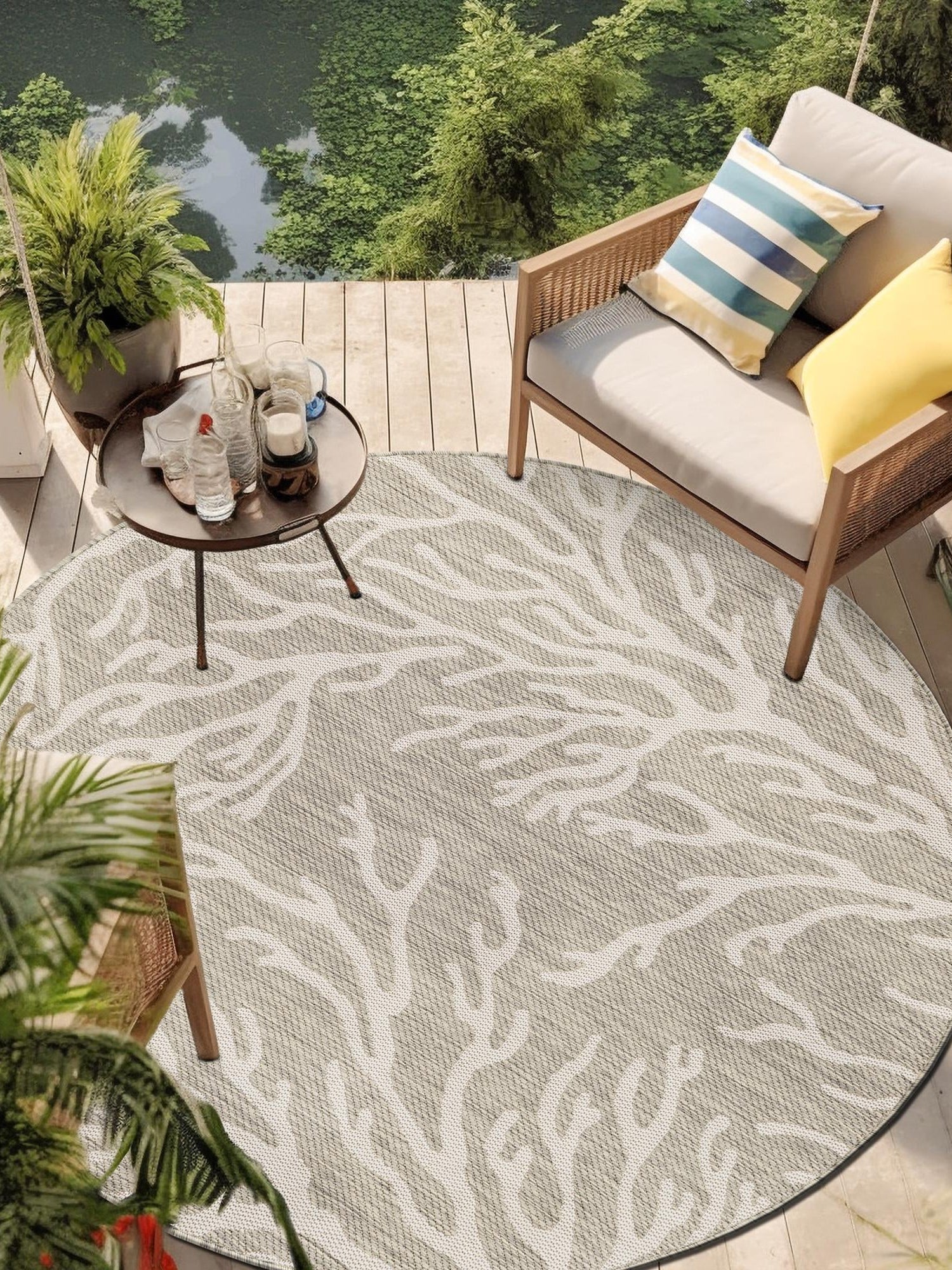 Gray 7' 10 x 7' 10 Outdoor Coastal Round Area Rug Weather Resistant for Patio, Deck, Terrace, Balcony, Porch 100% Polypropylene Coastal Decor Carpet for Sale at Rug Engine