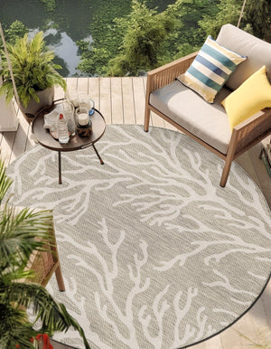 Gray 5' 3 x 5' 3 Outdoor Coastal Round Area Rug Weather Resistant for Patio, Deck, Terrace, Balcony, Porch 100% Polypropylene Coastal Decor Carpet for Sale at Rug Engine